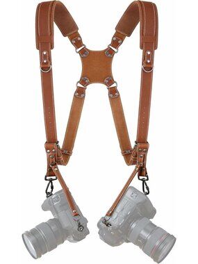 Tan Dual Camera Harness Strap | Padded Leather for DSLR/SLR | Multi-Camera Gear